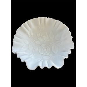 VINTAGE IMPERIAL MILK GLASS ROSE EMBOSSED RUFFLED CARNIVAL GLASS BOWL